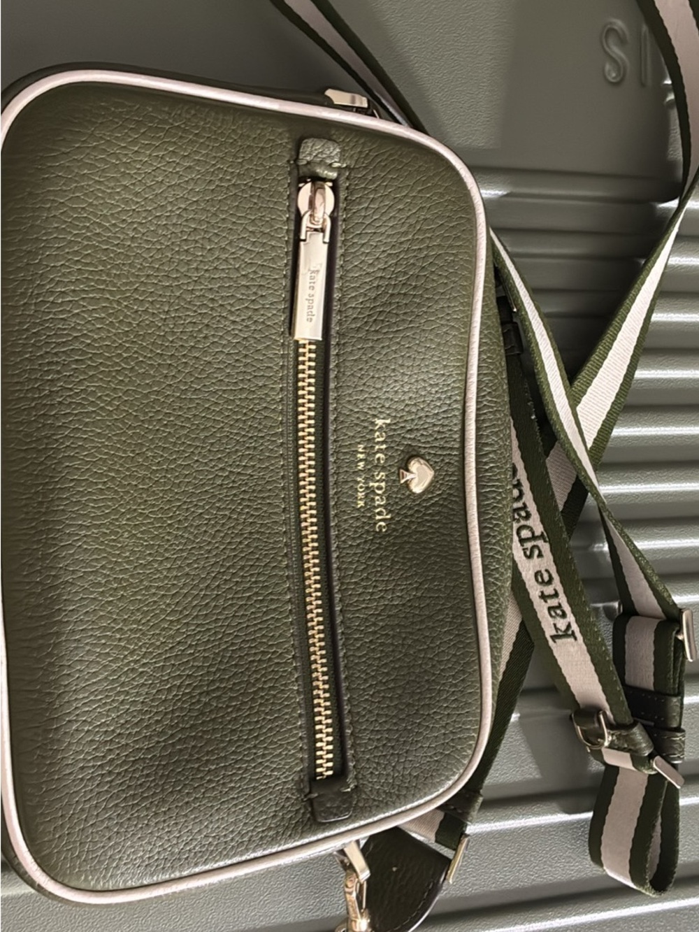 Kate Spade Olive Green Pebbled Leather Crossbody Belt Bag with Striped Strap